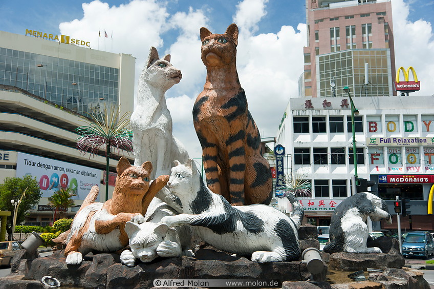 Cat statue and fountain photo. Central Kuching, Kuching, Sarawak, Malaysia
